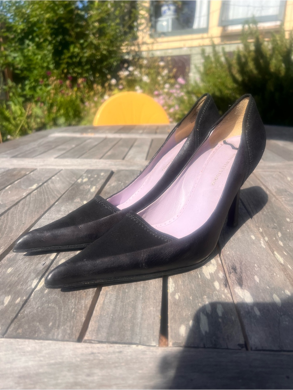 Black Pointed-Toe Leather and Suede Heels
